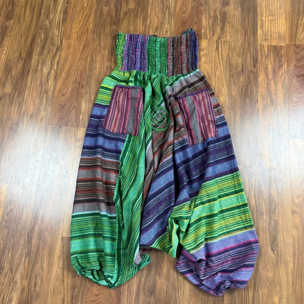 Boho Patchwork Harem Pants Multicolored Striped Smocked Waist Cotton Free Size